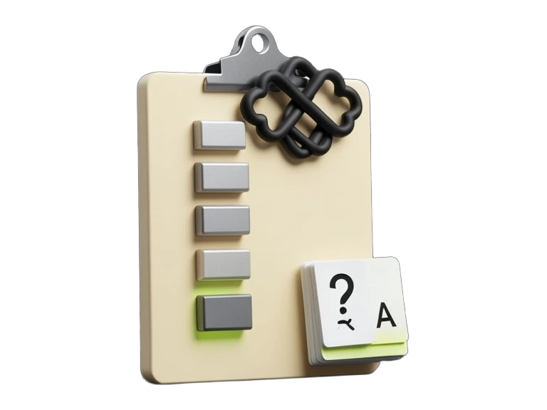 A solid clipboard card with OpenAI's black interwoven six-loop Blossom symbol at the top, holding a vertical timeline of thick milestone blocks and a small stack of flashcards with