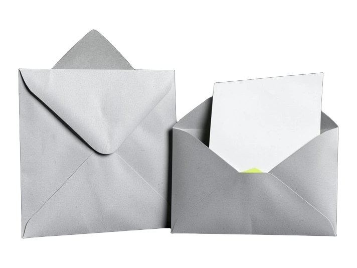 A sealed envelope standing upright beside an open envelope, a blank folded note sliding from the open envelope toward the sealed one.