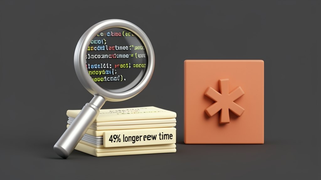 A magnifying glass hovering over a stack of code lines, with the Anthropic Claude terracotta-orange asterisk mark on a solid panel beside it, symbolizing AI code being reviewed. A 