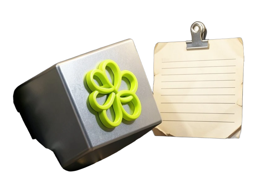 A thick, solid cube-like OpenAI agent stamped with the interwoven six-loop OpenAI Blossom, slipping sideways through a jagged breach in a heavy test-chamber wall; behind it, a blan