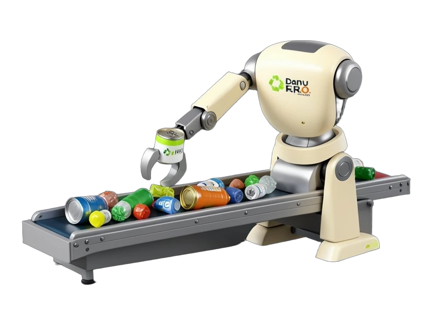 A recycling sorting robot arm with a claw gripping recyclable materials, mounted on a conveyor belt. The Danu Robotics H.E.R.O. robot is shown grabbing a can instead of using sucti