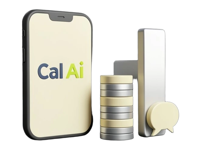 A phone-shaped slab showing the Cal AI logo, with a rising bar-chart block beside it formed from stacked rectangular coins, and two small solid speech-bubble icons feeding into the