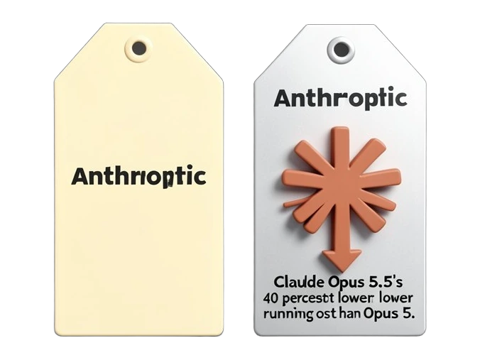 Two solid matte price tags stand side by side in front view, the left one taller than the right, their edges sharply cut; the lower right tag carries Anthropic's many-rayed terraco