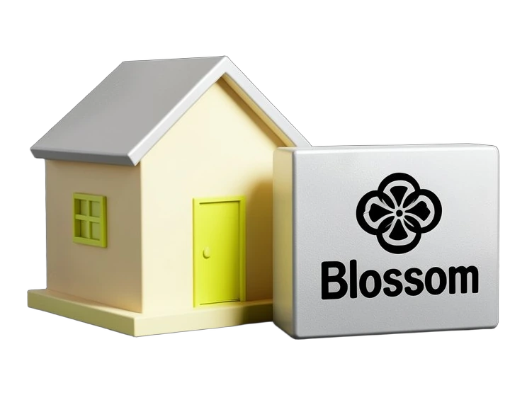 A solid schoolhouse block with a pitched roof and a small bell tower stands at centre, and beside it a thick legal-document slab carrying the black OpenAI Blossom symbol, showing t