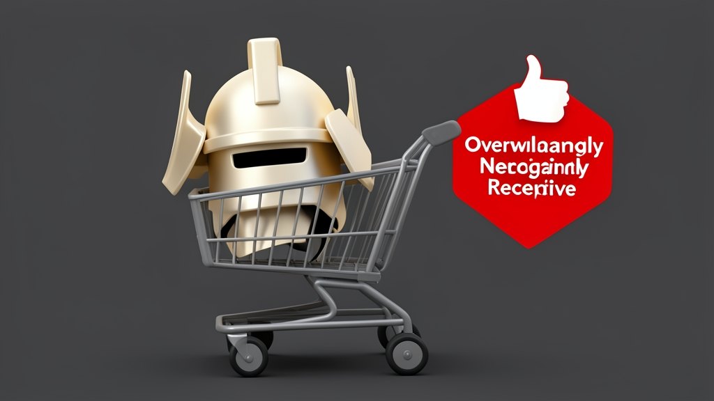 A stylised samurai helmet icon representing Total War: Shogun 2 sits on an opaque shopping cart that is being pulled backward off a store shelf, with a prominent red downward thumb