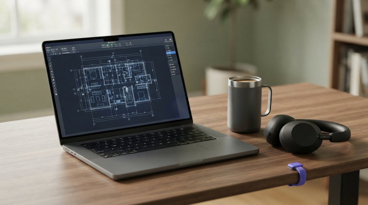 En bærbar computer med et åbent skema, en termokop kaffe og et headset på et skrivebord.
