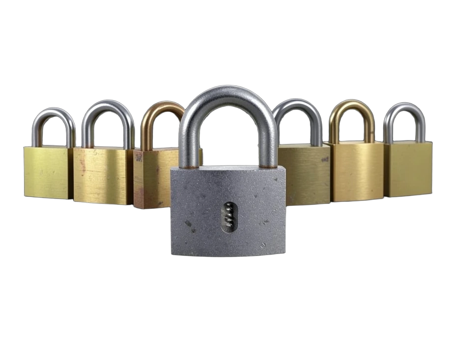 A long row of small brass padlocks with one large steel padlock in front, its shackle pinching a segmented metal worm.