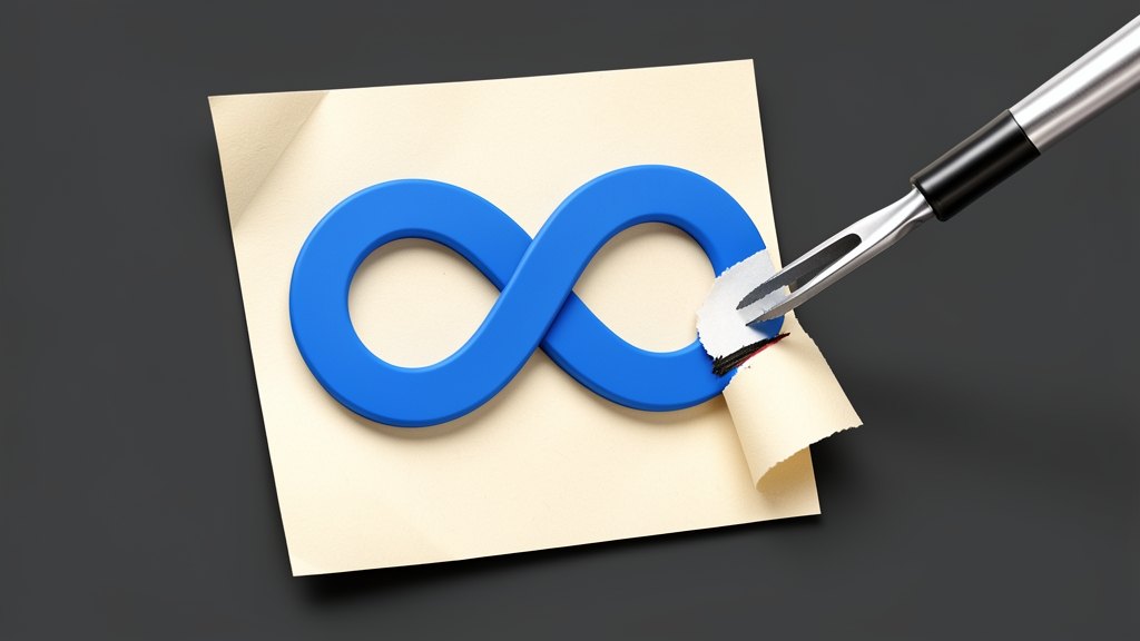 The Meta infinity-loop symbol in blue on a solid document sheet, with a marked clause on the paper being physically struck out and peeled away by a claw-like scraping tool, symboli