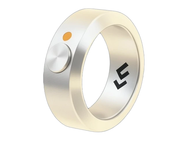 A large brushed titanium smart ring seen face-on, with a raised round button on its outer band and two solid dark chevron arrows stacked beside it marking a quick double press; a s