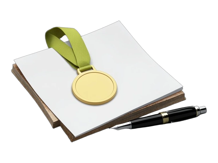 A plain gold medal on a wide ribbon hanging from the corner of a thick stack of blank paper sheets, a fountain pen resting beside.