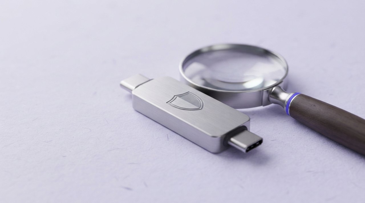 En sølvfarvet USB-nøgle med et indgraveret skjold og et forstørrelsesglas ved siden af.