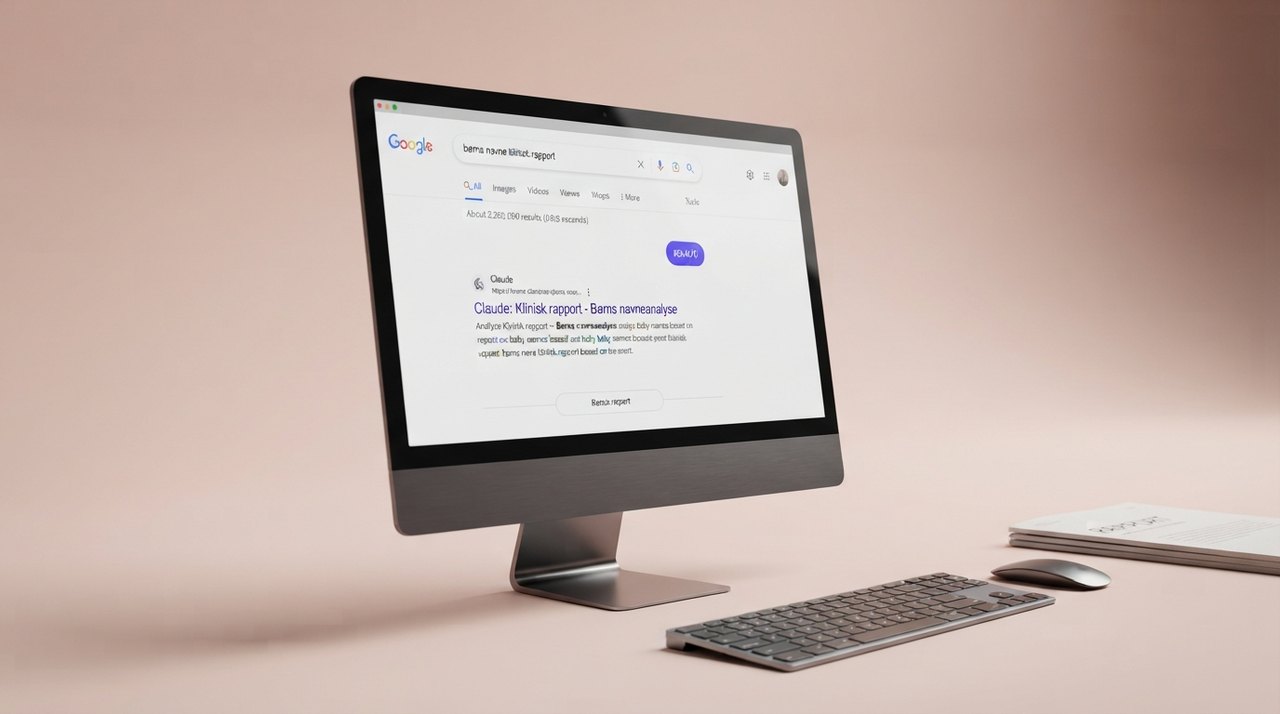 En computerskærm med Google-søgeresultater, hvor en chat-link til Claude står med synlig tekst om 'børns navne' og 'klinisk rapport'.