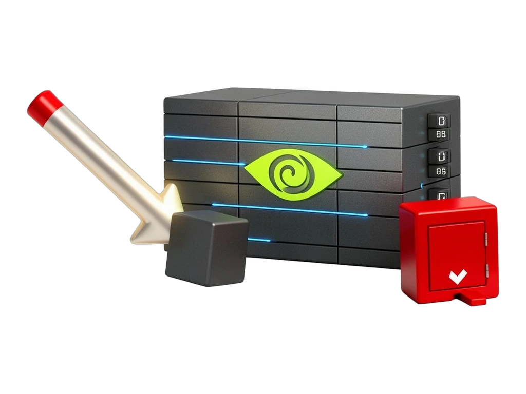A solid relational database table block with linked rows and timestamp tabs, bearing NVIDIA's green eye-shaped swirl mark on its front; one thick arrow passes through a compact mod