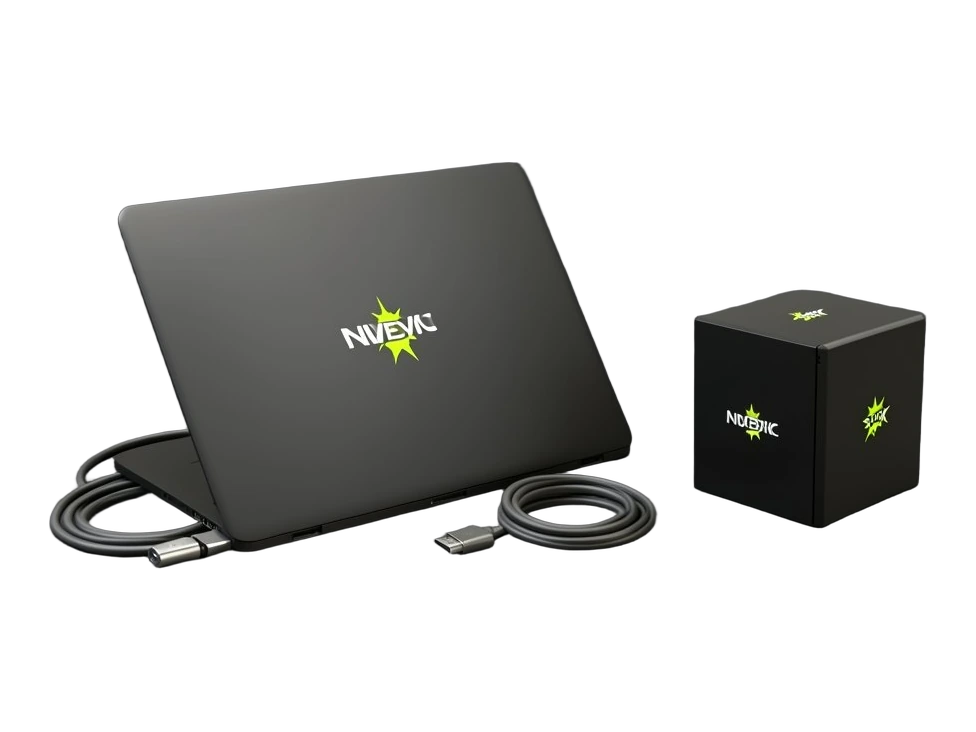 A thick premium laptop rendered as a solid slab with the Nvidia logo on its lid, the concave spark mark in green. A magnetic USB-C cable head clicks onto the laptop's edge beside i
