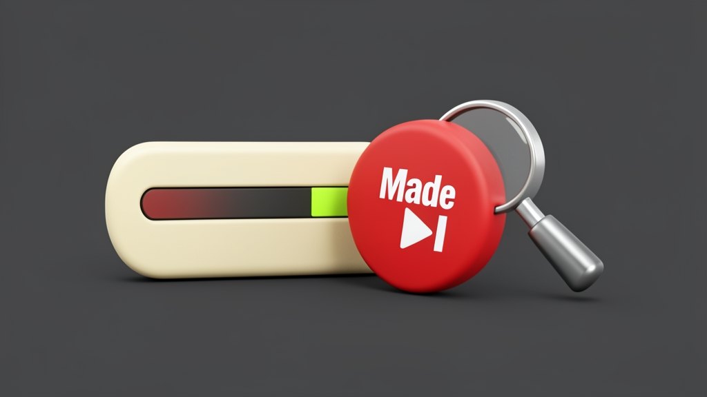 A music player progress bar with a solid pill-shaped badge reading "Made with AI" in YouTube's red and white, attached beside a circular play button; a small magnifying glass touch