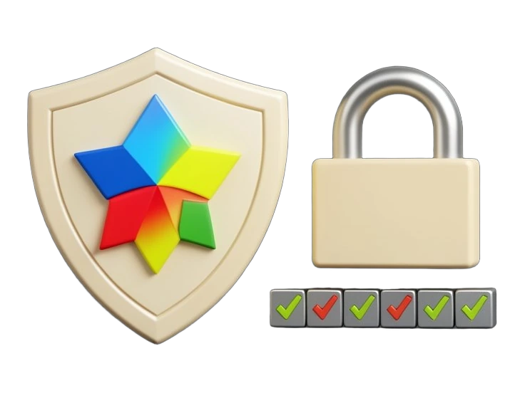 The concave four-point Gemini spark in blue-red-yellow-green gradient on a solid shield shape, beside a solid locked padlock and a row of twelve small solid checkmark tiles, showin