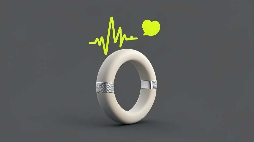 A solid matte smart ring standing upright with a subtle textured band, one sound wave arc and one small heart-rate pulse line rising from it, plus a tiny agent task bubble, plain b