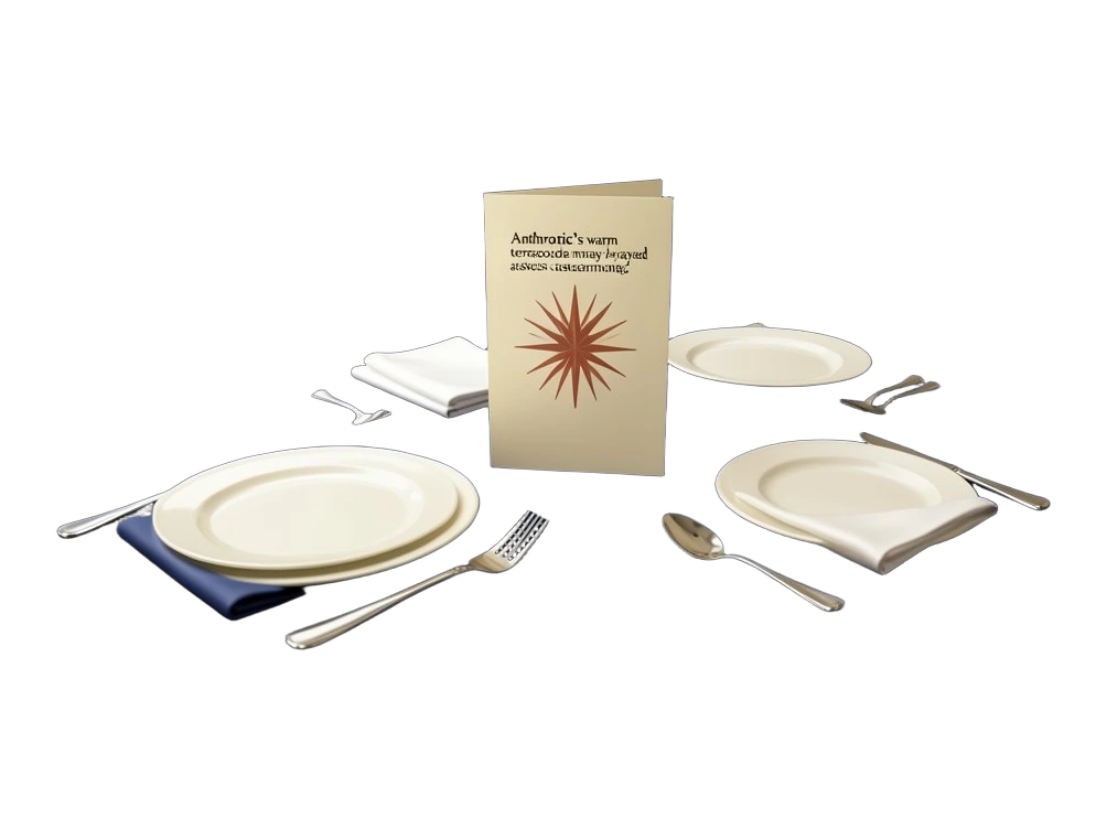 A formal White House dinner table set for two: two thick white porcelain plates facing each other across a solid navy table runner, each with heavy silver cutlery and a folded napk