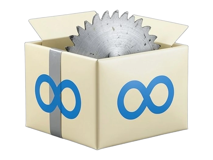 A neatly wrapped gift box with Meta's blue infinity-loop symbol on its front has its lid lifted off, revealing a large sharp-toothed circular saw blade inside: friendly packaging w