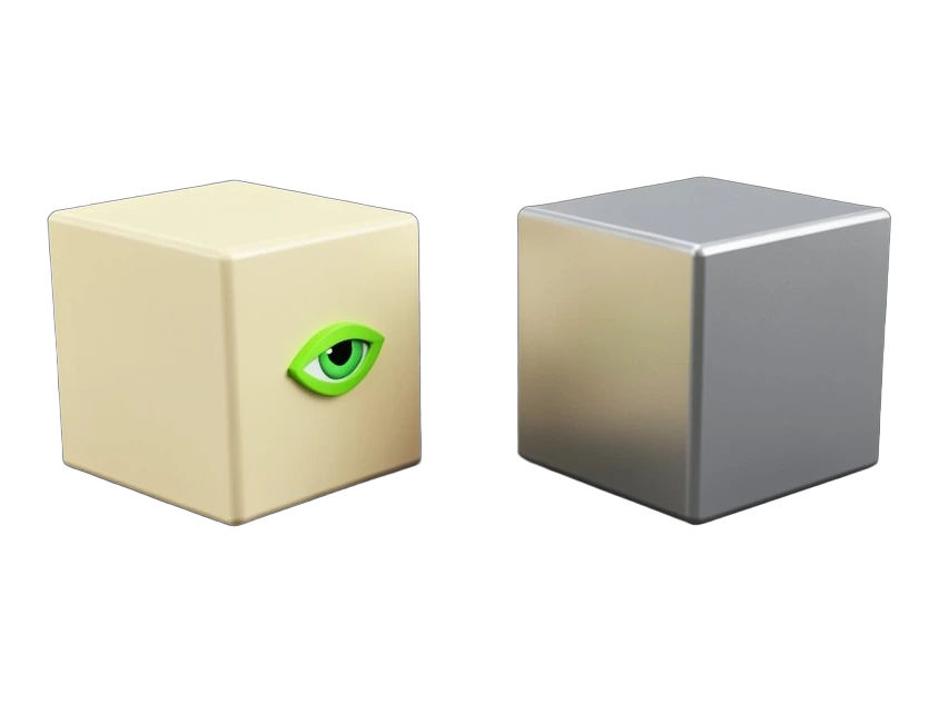 Two solid angular blocks representing an open model and a closed proprietary model facing each other across a decision fork, a small Nvidia green eye-mark logo placed front-facing 