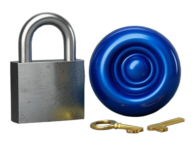A heavy steel padlock beside a solid opaque blue sculpture shaped like a swirling water vortex, with two identical brass keys lying apart from it.