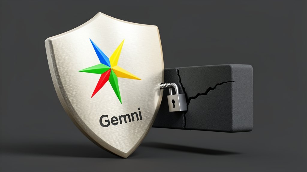 A solid cybersecurity shield carries the concave four-point Gemini spark in blue, red, yellow and green across its face; the spark points at a chunky code block where a visible cra