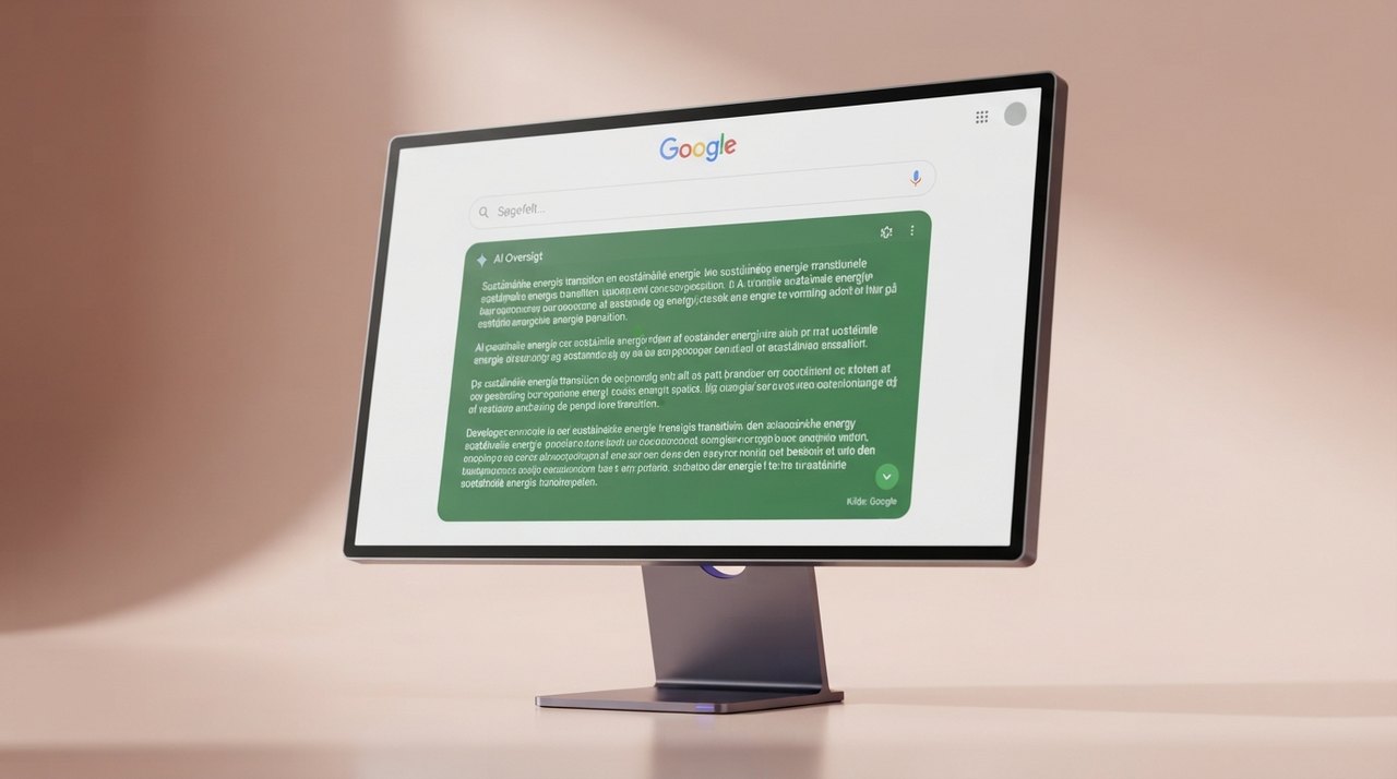 En computerskærm med Googles søgefelt, hvor svaret er en lang grøn AI-tekstboks uden blå links – og en lille pil med teksten 'Kilde: Google'.