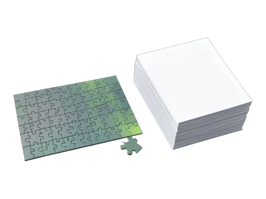 A nearly completed jigsaw puzzle with one missing piece beside it, next to a tall thick stack of blank pages
