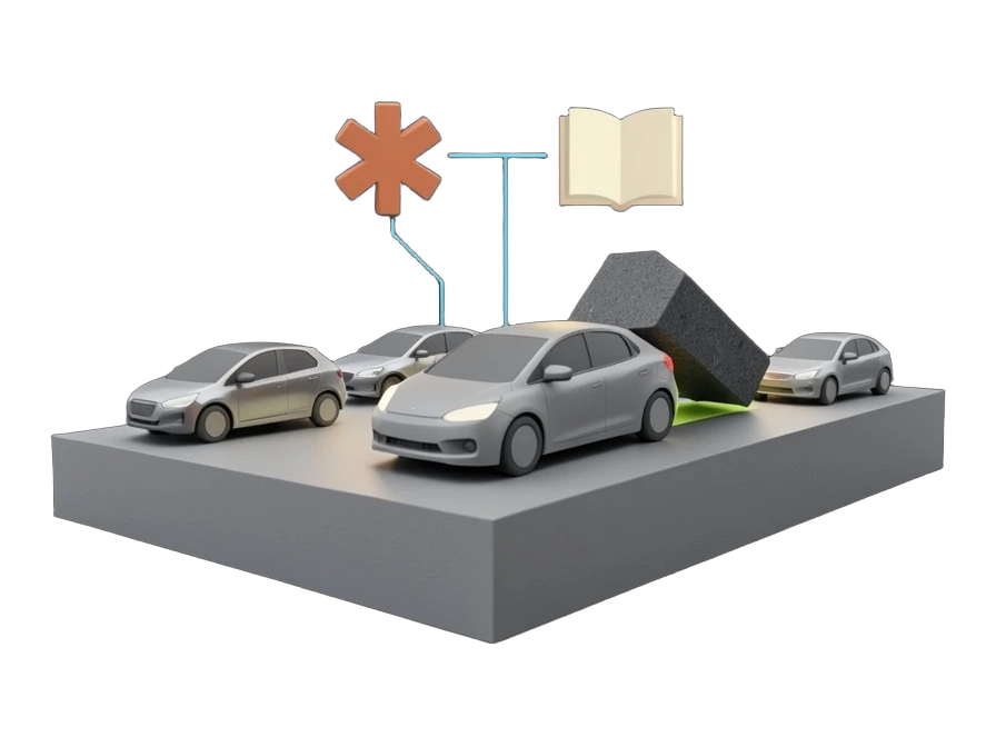 A solid autonomous car silhouette driving through a simplified 3D city block made of solid grey building blocks, with several surrounding car shapes reacting by shifting positions 
