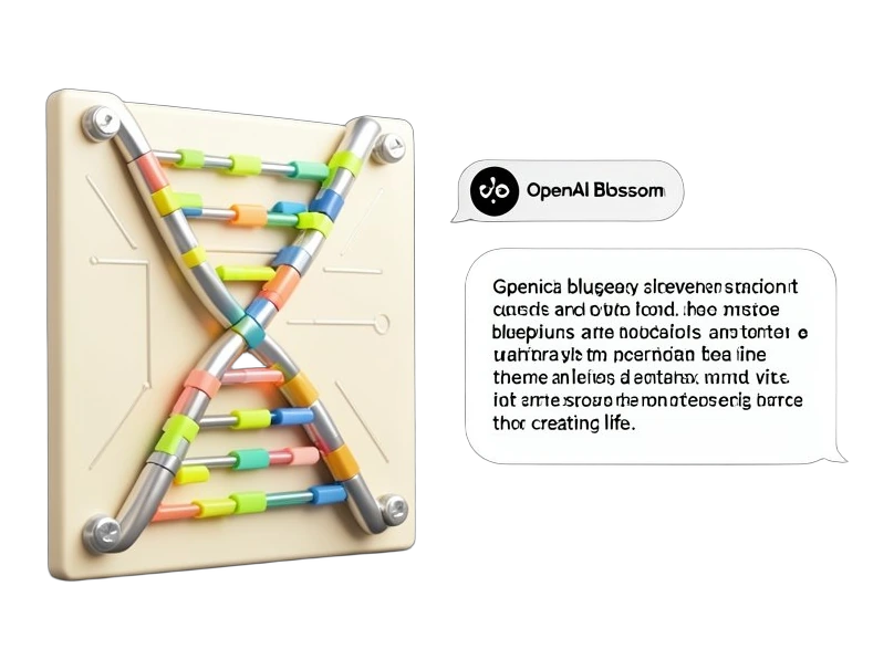 A thick solid DNA double-helix blueprint plate with segment blocks rearranging into a proposed virus genetic sequence, beside a chat panel marked with the OpenAI Blossom symbol in 