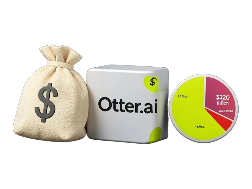 A solid money-bag block labelled with a dollar figure flowing into an Otter.ai marked company block, while a separate pie-chart block beside it stays fully intact and uncut, showin