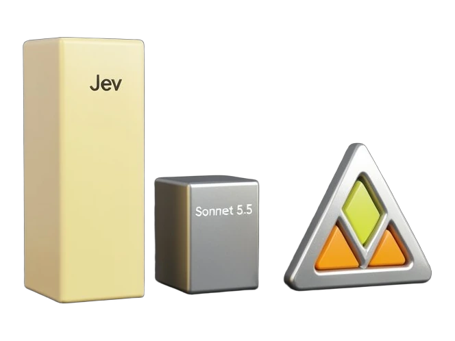 A solid bar chart shows one bar labelled Jev rising sharply above a shorter Sonnet 5.5 bar, with the Vercel triangular emblem beside the chart, depicting Jev's rapid adoption reach