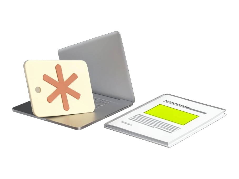 A thick access keycard bearing Anthropic's terracotta asterisk starburst mark, front-facing, unlocking a solid laptop and an office desk workspace, with an open published report be