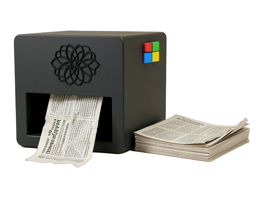 A solid dark chatbot panel with a wide open lower intake carries the intact black interwoven OpenAI Blossom symbol on its front, with a four-colour Microsoft window square fixed at