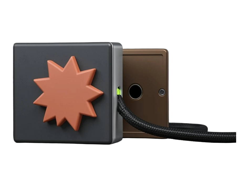 A thick software extension package embossed with a large front-facing terracotta Anthropic starburst, its side sliding open to reveal a solid hidden door with a keyhole; a thick ca