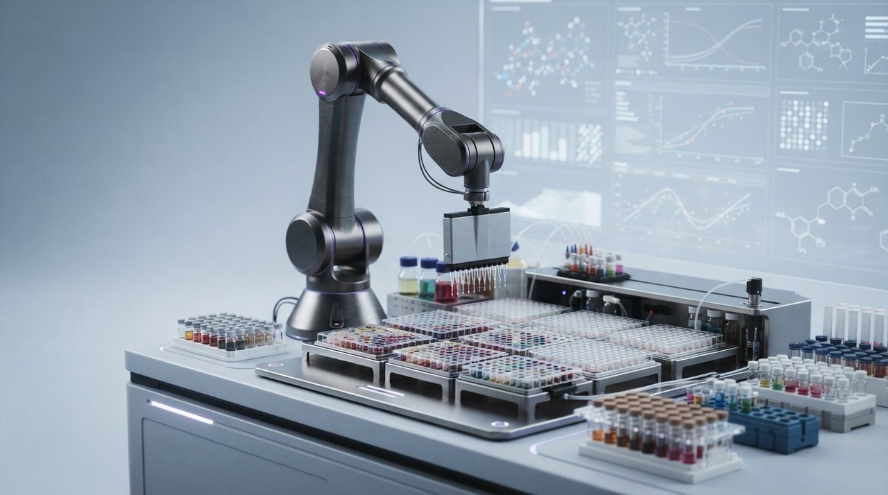Et robotarm-system, der håndterer små glasbeholdere med farvede væsker foran en computerskærm med molekylære strukturer.
