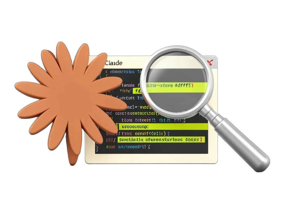 A warm terracotta-orange Claude asterisk starburst mark sits inside a code-diff panel showing added and corrected lines, with a magnifying glass hovering over one fixed line, illus