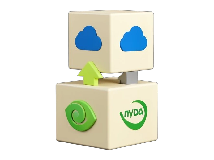 An ascending staircase of three thick solid cubes; the top cube carries the blue Salesforce cloud mark, the bottom cube carries Nvidia's green eye-swirl mark, and short solid arrow