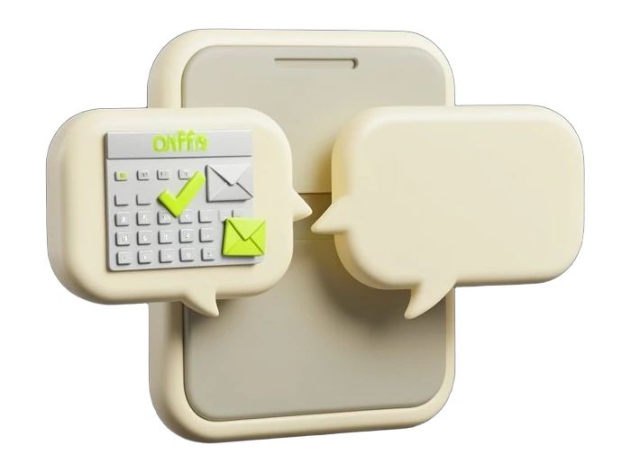 A thick opaque message thread of two rounded speech bubbles facing each other; the agent's bubble contains a calendar page with a check mark and a small envelope, while the human b