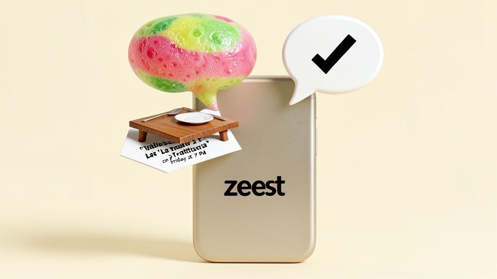 A solid phone-shaped block emits chunky speech bubbles; from one bubble, a small restaurant table with a plate and cutlery slides into a booking card, while a group-chat bubble sho