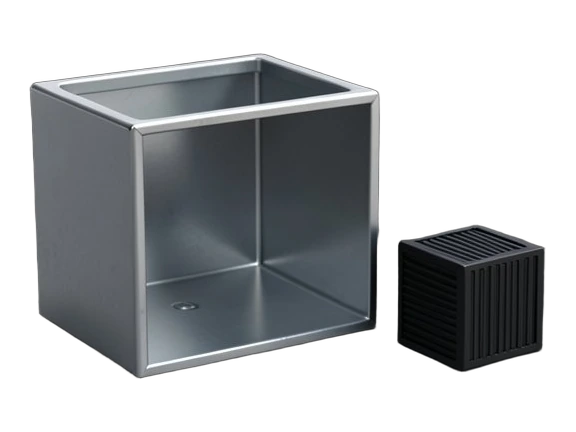 An open-topped metal cube revealing a hollow interior, with three smaller identical grooved cubes standing beside it in a row.