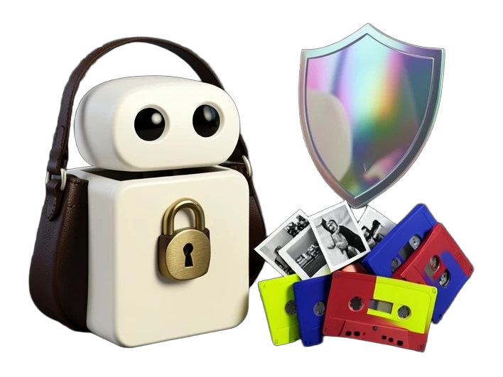 A compact white Eiliko robot clipped to a bag strap, its chest panel open to reveal a large open padlock, while solid photo cards and audio cassettes spill out beside it. A closed 
