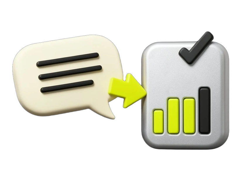 A large matte speech bubble with three thick text lines is pushed aside by a chunky solid probability meter; the meter shows five calibrated bars of different heights and a bold ch