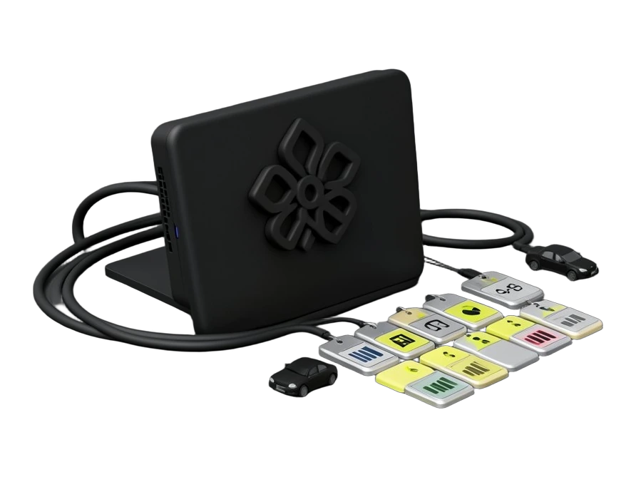 OpenAI's black interwoven Blossom emblem is fixed to a solid ChatGPT Work terminal; thick cables connect it to a dense grid of employee badge tiles, one carrying a bar chart, anoth