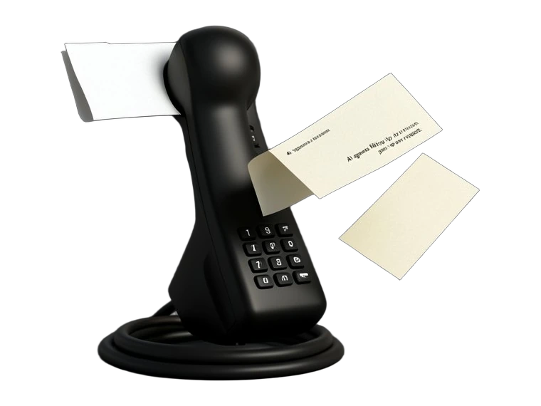 A thick solid black telephone hotline handset standing upright, with a folded white report card slid into its earpiece and a second curled-corner card entering its mouthpiece; two 