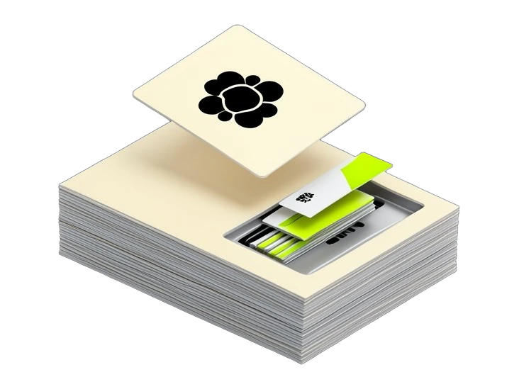A stack of solid photo cards with a front-facing black OpenAI Blossom emblem on the opaque top card; that card detaches and slides away as a hidden link into a separate hosting tra
