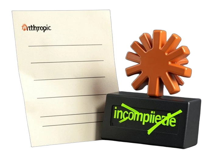 A solid paper visa-application form with blank unchecked fields stands upright, and beside it a compact emblem showing Anthropic's warm terracotta-orange many-rayed asterisk starbu