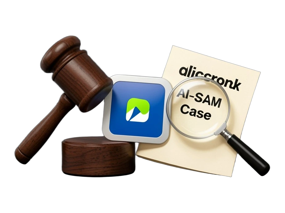 A solid gavel block striking beside a Discord mark and a document page marked with a magnifying glass, conveying police investigation tracing a Discord tip to a public official in 