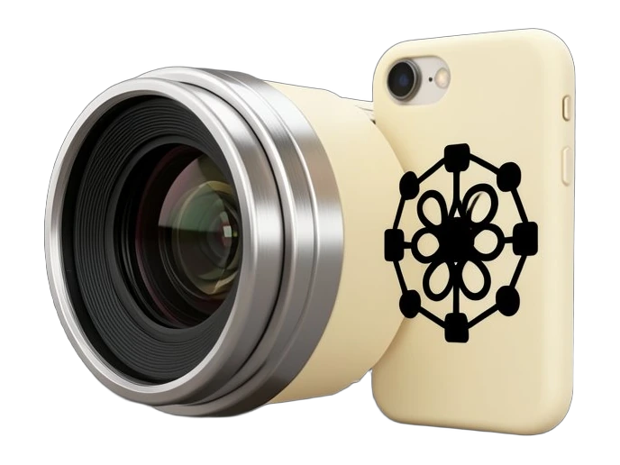 A chunky solid camera lens module with thick aperture blades closing at the shutter click, mounted on a solid phone back; the intact black interwoven six-loop OpenAI blossom sits c
