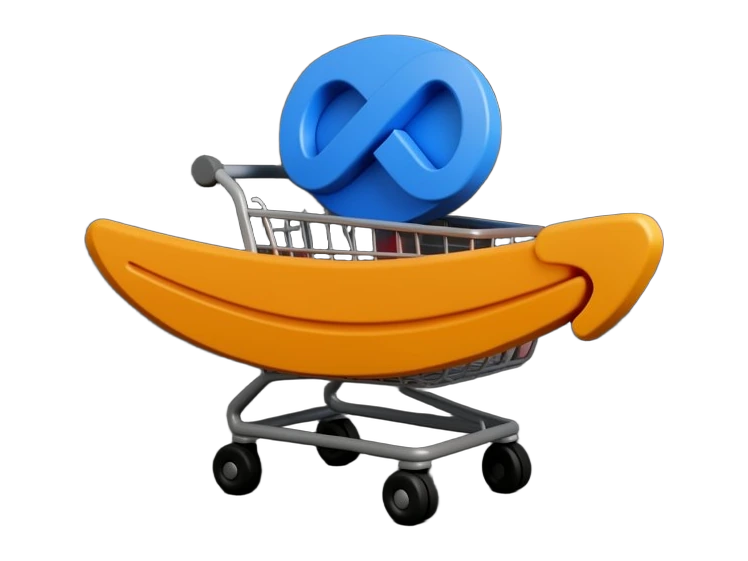 Meta's blue infinity-loop emblem sits on a small shopping cart that is stopped by a thick orange bar shaped like Amazon's smile. Behind the barrier, a solid shelf of goods stays ou